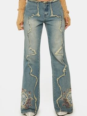 Jaded London Crimson Rose Y2k Inspired Embroidered Flare Jeans NWT